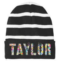 First Name Taylor Girl Personalized Birthday Grunge Striped Beanie with Solid Band