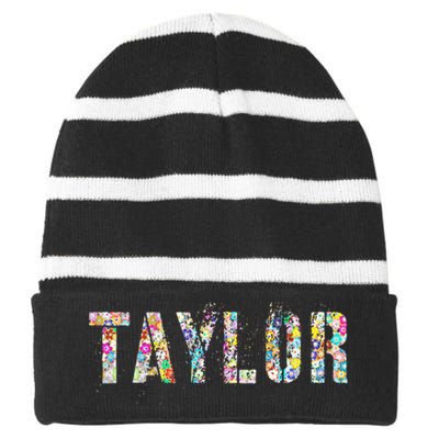 First Name Taylor Girl Personalized Birthday Grunge Striped Beanie with Solid Band