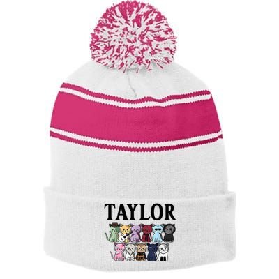 First Name Taylor Girl Retro Personalized Groovy 80s Stripe Pom Pom Beanie