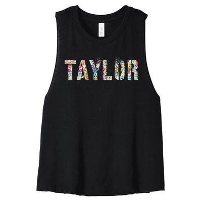 First Name Taylor Girl Personalized Birthday Grunge Women's Racerback Cropped Tank