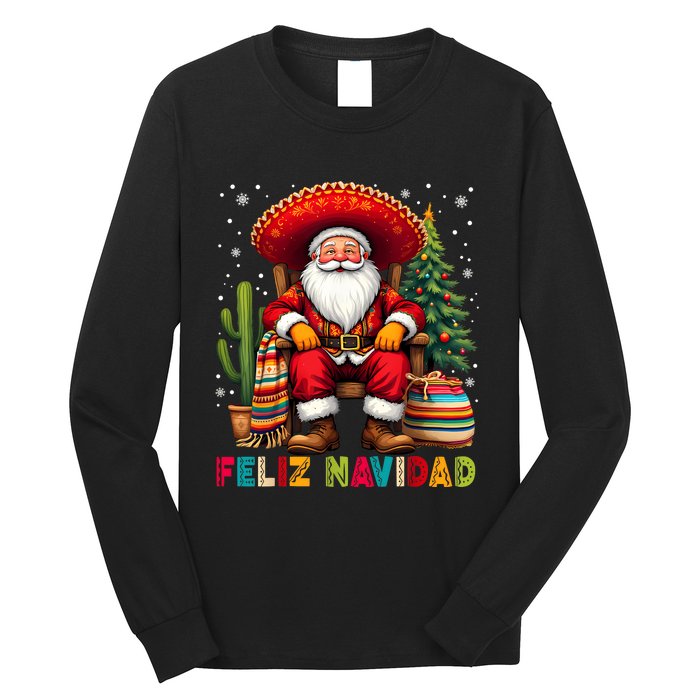 Feliz Navidad Xmas Santa Sombrero Mexican Women Long Sleeve Shirt