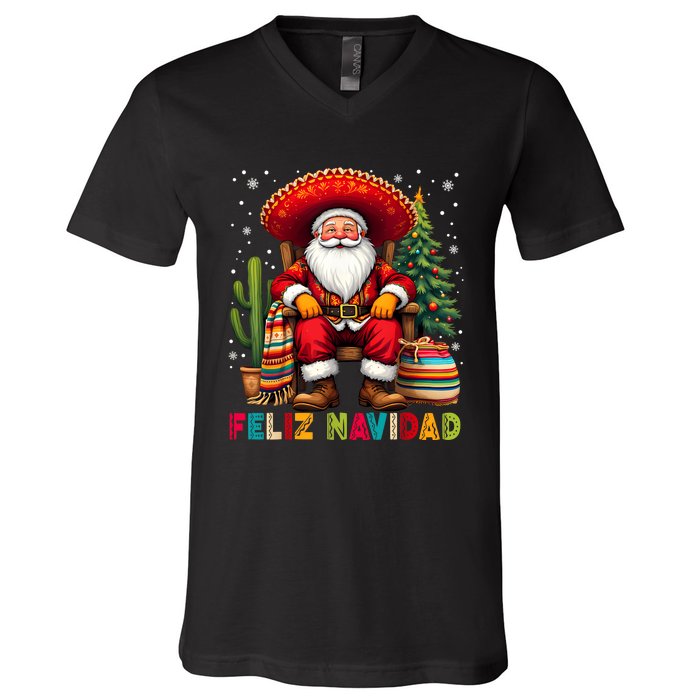 Feliz Navidad Xmas Santa Sombrero Mexican Women V-Neck T-Shirt