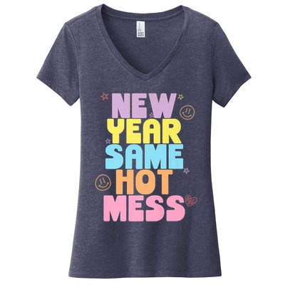 Funny New Years Eve Tee, New Year Same Hot Mess, Sarcastic Women's V-Neck T-Shirt