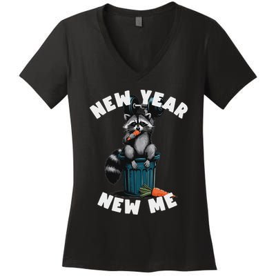 Funny New Year New Me. Raccoon Trash Panda Carrot & Dumbbell Women's V-Neck T-Shirt