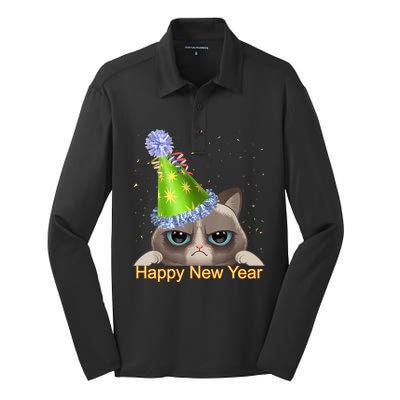 Funny New YearS Eve Cat Party Hat Silk Touch Performance Long Sleeve Polo