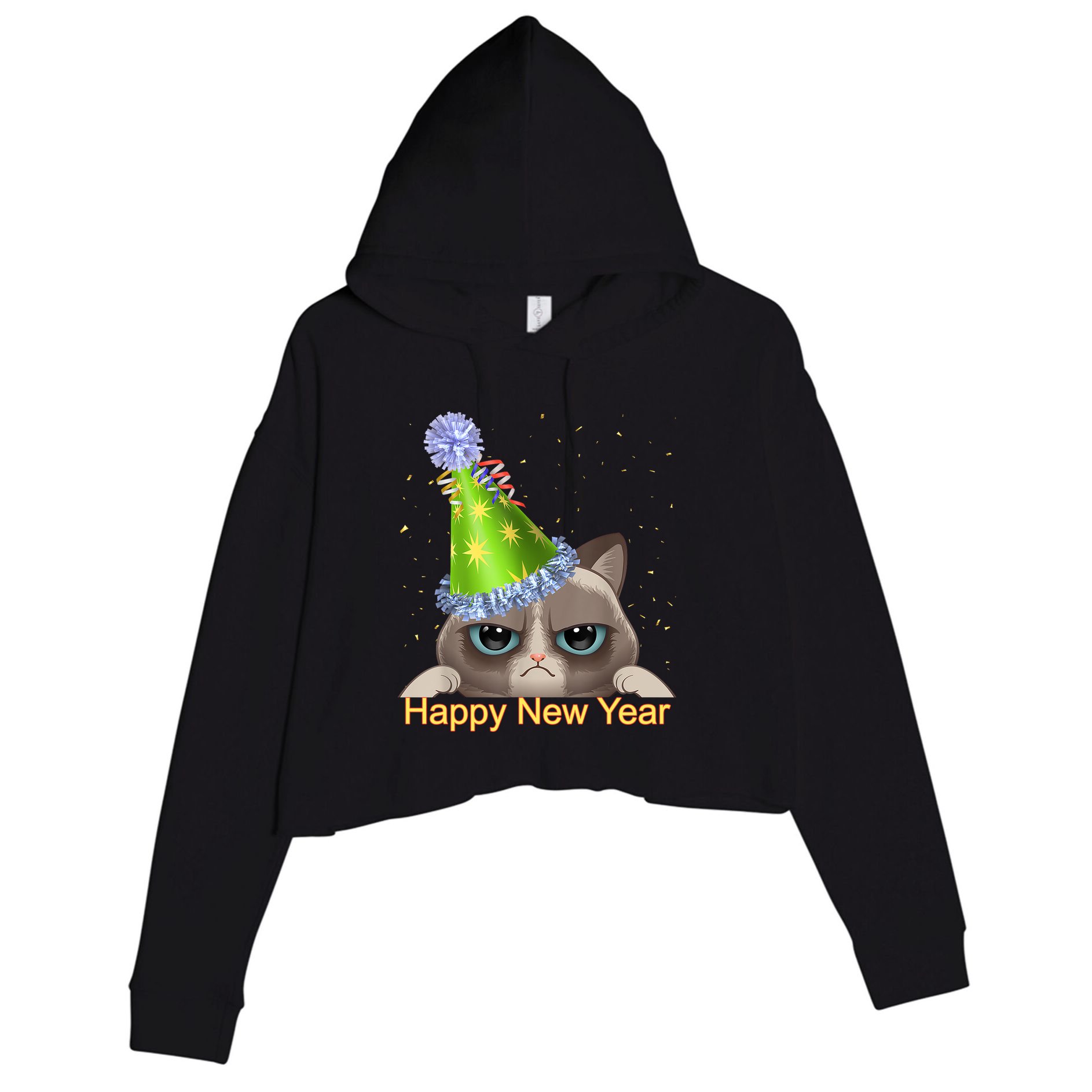 Funny New YearS Eve Cat Party Hat Crop Fleece Hoodie