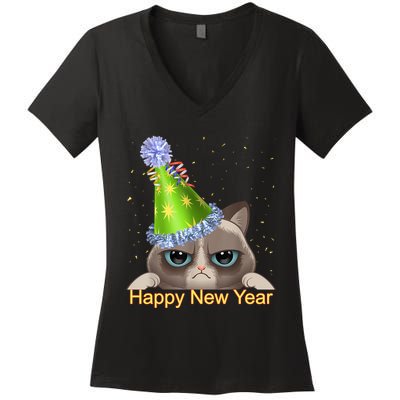 Funny New YearS Eve Cat Party Hat Women's V-Neck T-Shirt