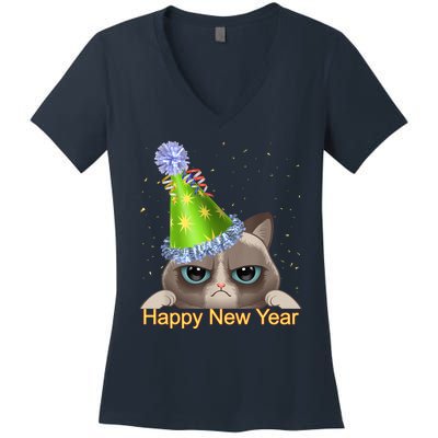 Funny New YearS Eve Cat Party Hat Women's V-Neck T-Shirt