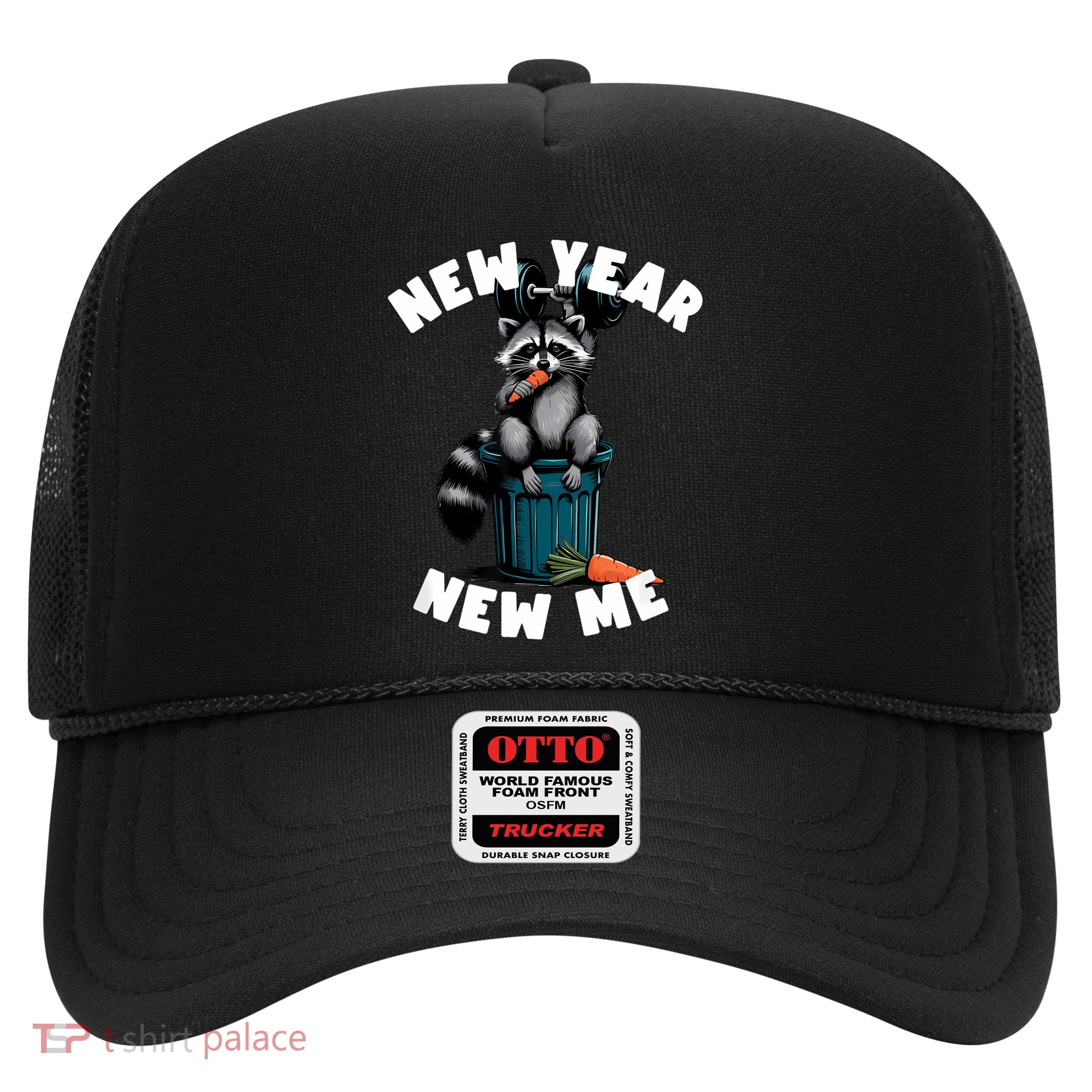 Funny New Year New Me. Raccoon Trash Panda Carrot & Dumbbell Trucker Hat
