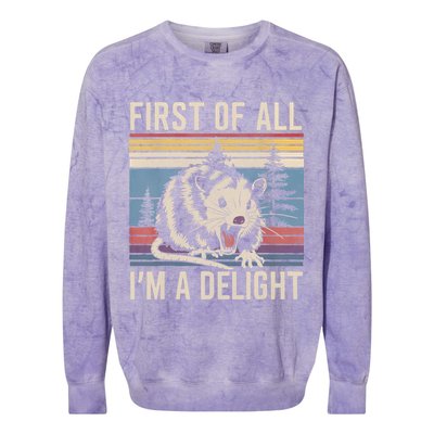 First Of All I’M A Delight Sarcastic Angry Opossum Possum Colorblast Crewneck Sweatshirt
