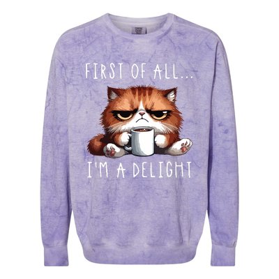 First Of All Im A Delight Sarcastic Coffee Grumpy Funny Cat Colorblast Crewneck Sweatshirt