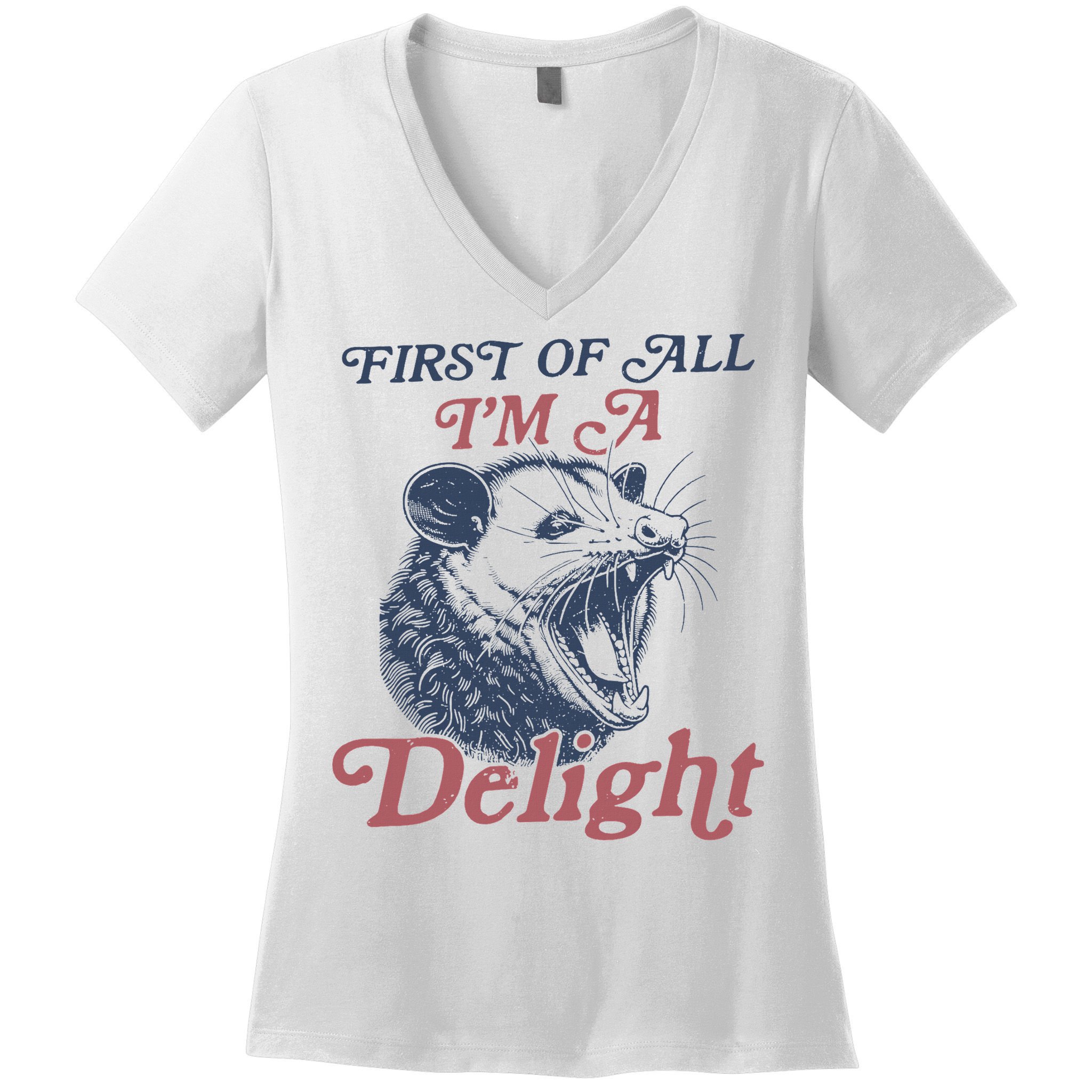 First Of All I'm A Delight Sarcastic Angry Opossum Possum Women's V-Neck T-Shirt