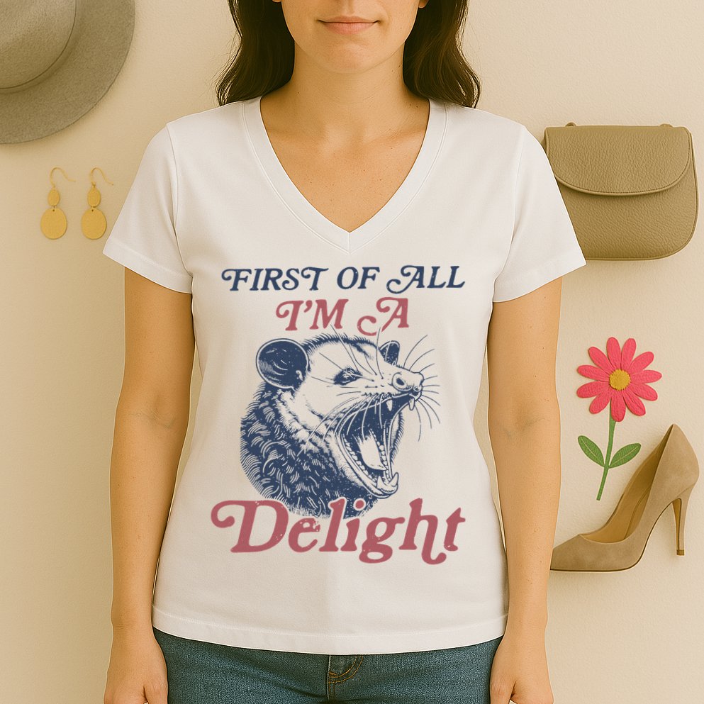 First Of All I'm A Delight Sarcastic Angry Opossum Possum Women's V-Neck T-Shirt