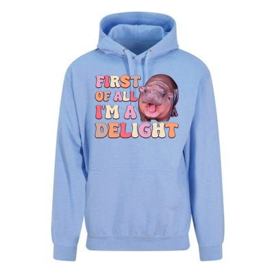 First Of All IM A Delight Moodeng Funny Meme Saying Unisex Surf Hoodie