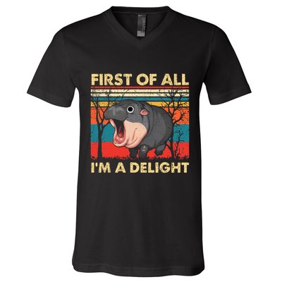 First Of All IM A Delight Funny Moo Deng Hippo Hippopotamus V-Neck T-Shirt