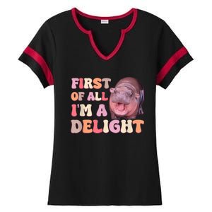 First Of All IM A Delight Moodeng Funny Meme Saying Ladies Halftime Notch Neck Tee