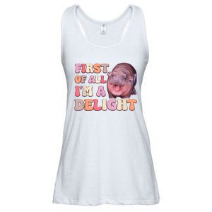 First Of All IM A Delight Moodeng Funny Meme Saying Ladies Essential Flowy Tank