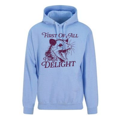 First Of All Im A Delight Sarcastic Angry Opossum Lover Unisex Surf Hoodie