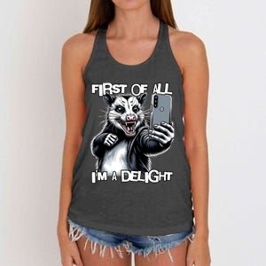 First Of All Im A Delight Sarcastic Angry Opossum Lover Women's Knotted Racerback Tank