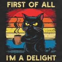 First Of All IM A Delight Sarcastic Angry Cat Coffee Retro 7 Panel Mesh Trucker Snapback Hat