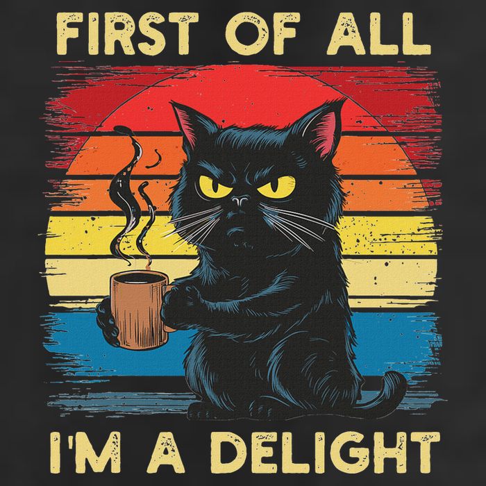 First Of All IM A Delight Sarcastic Angry Cat Coffee Retro 7 Panel Mesh Trucker Snapback Hat
