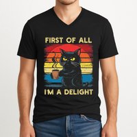First Of All IM A Delight Sarcastic Angry Cat Coffee Retro V-Neck T-Shirt