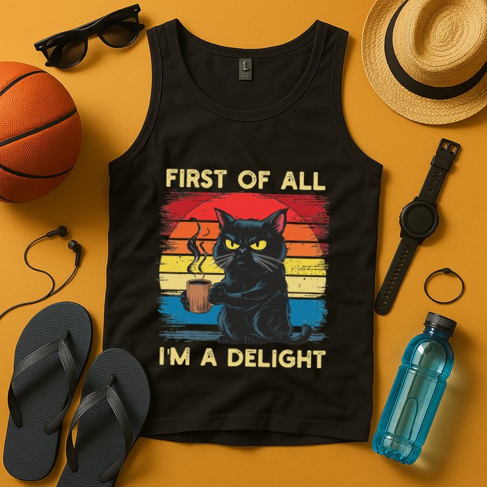 First Of All IM A Delight Sarcastic Angry Cat Coffee Retro Tank Top