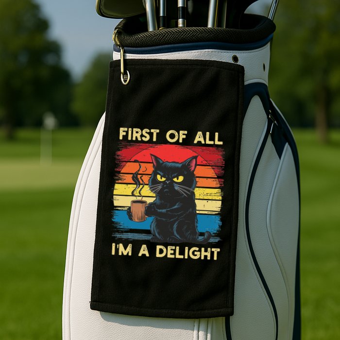 First Of All IM A Delight Sarcastic Angry Cat Coffee Retro Golf Towel