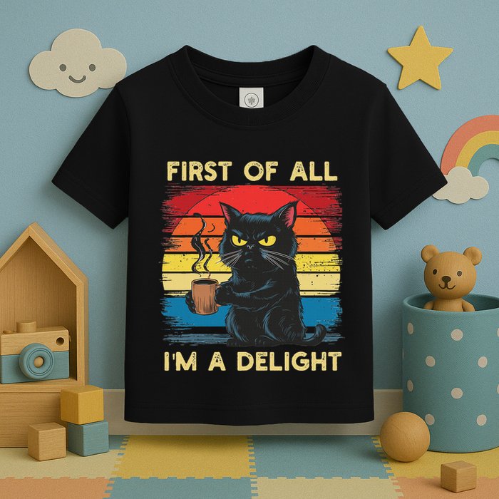 First Of All IM A Delight Sarcastic Angry Cat Coffee Retro Toddler T-Shirt