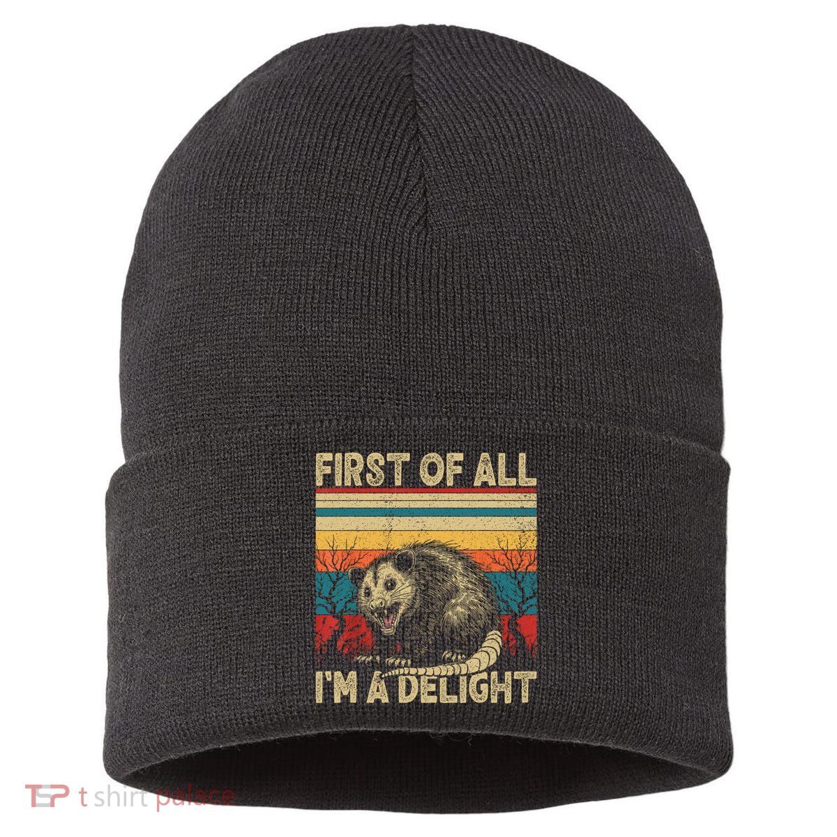 First Of All I'm A Delight Sarcastic Angry Opossum Possum  Sustainable Knit Beanie