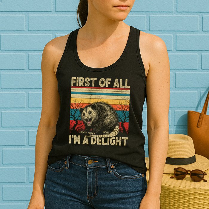 First Of All I'm A Delight Sarcastic Angry Opossum Possum  Womens Tank Top