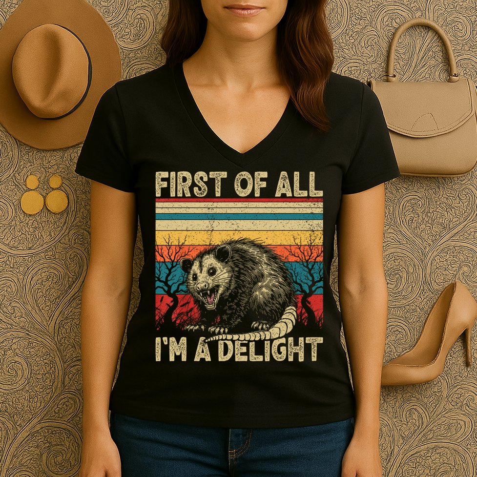 First Of All I'm A Delight Sarcastic Angry Opossum Possum  Women's V-Neck T-Shirt