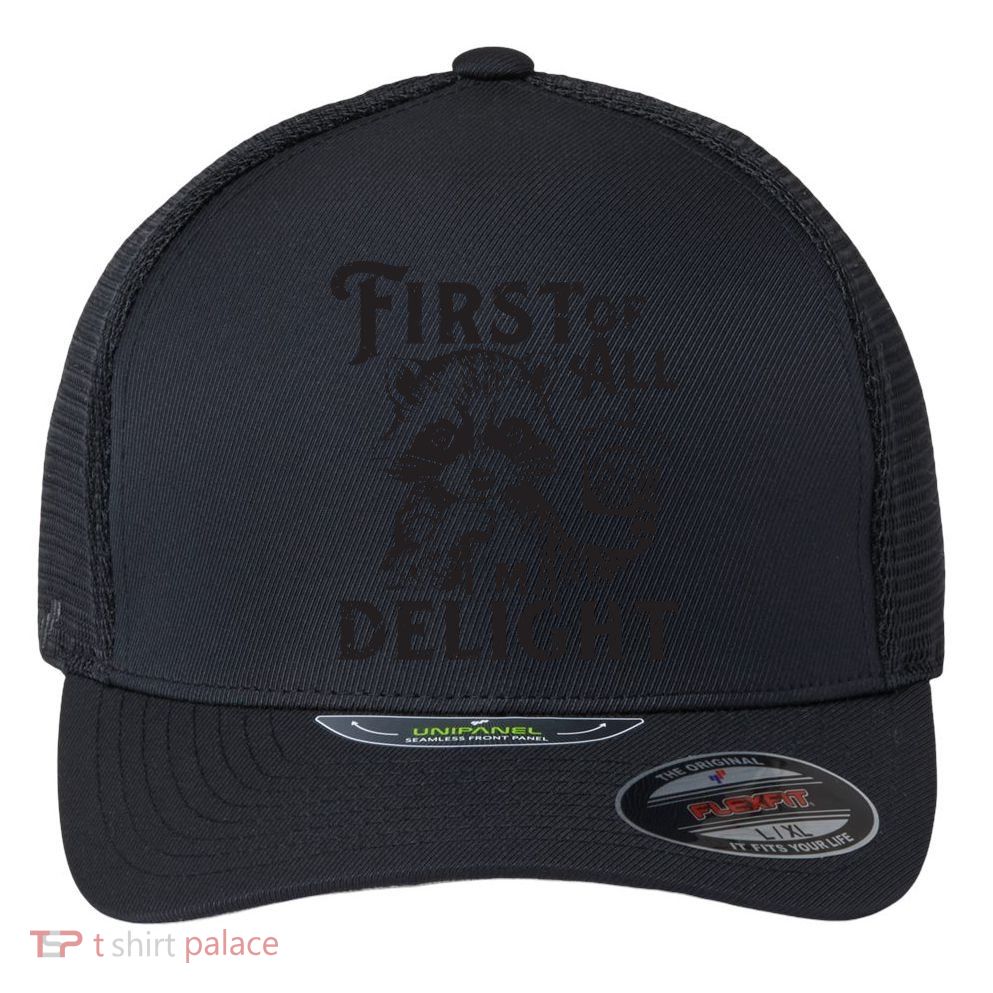 First Of All IM A Delight Funny Raccoon Flexfit Unipanel Trucker Cap