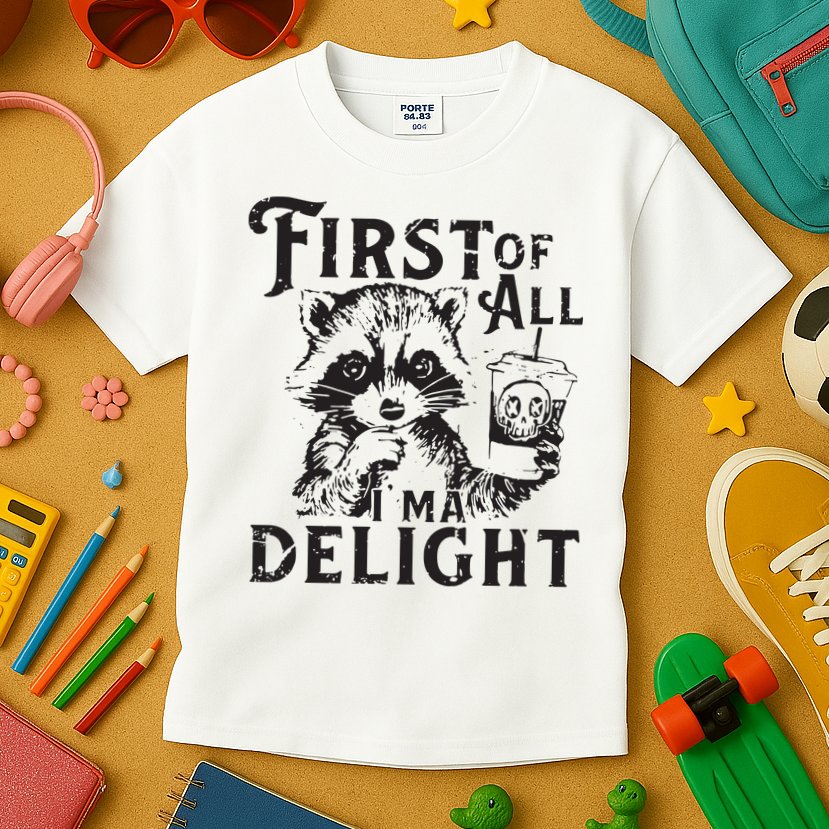 First Of All IM A Delight Funny Raccoon Kids T-Shirt