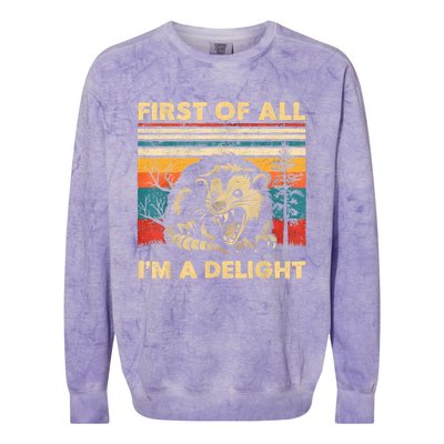 First Of All IM A Delight Sarcastic Angry Opossum Possum Colorblast Crewneck Sweatshirt