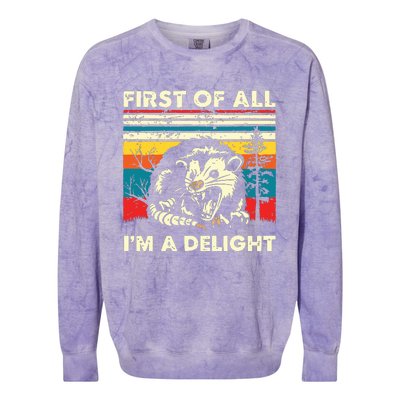 First Of All Im A Delight Sarcastic Angry Opossum Possum Colorblast Crewneck Sweatshirt