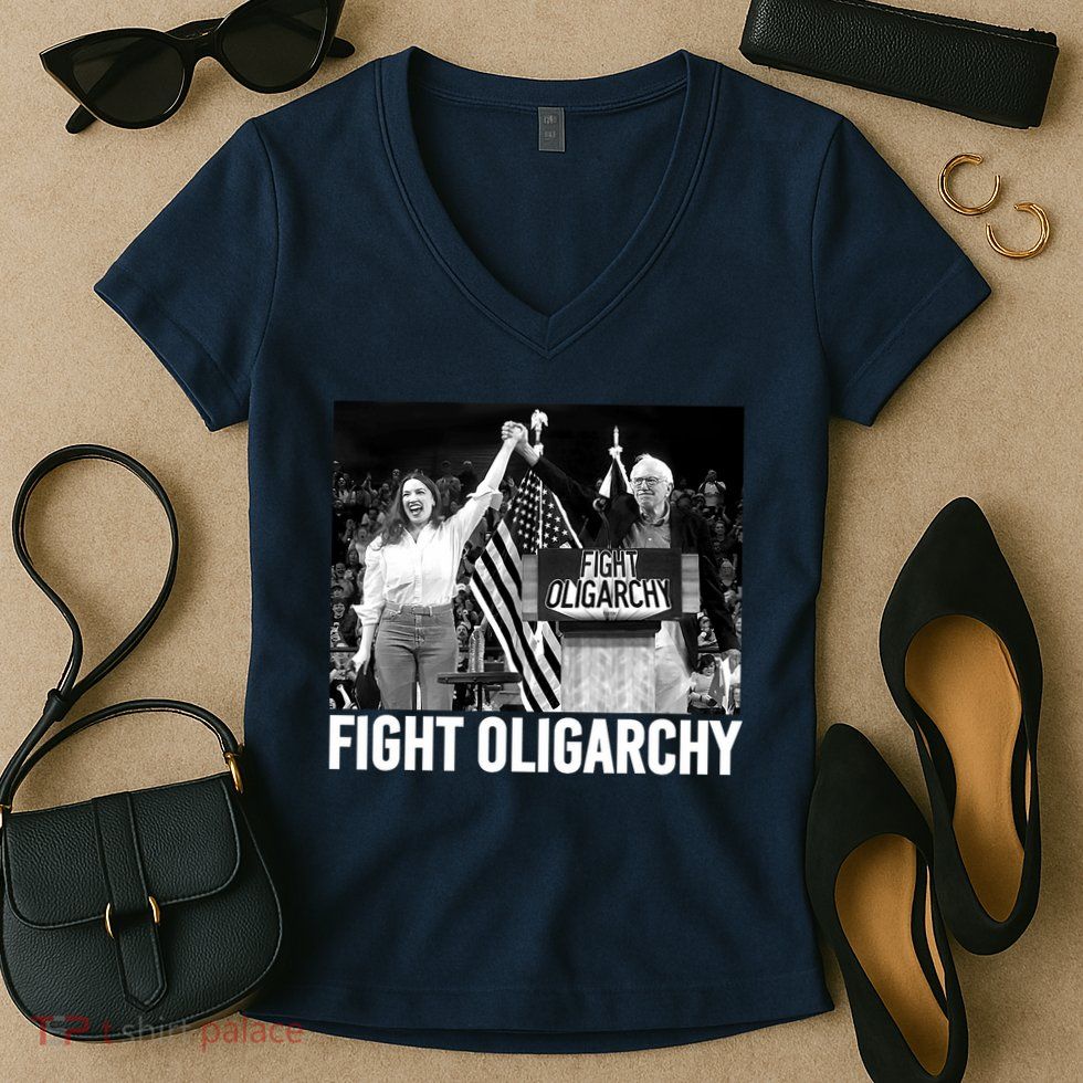 Fight Oligarchy Bernie Sanders And AOC Freedom US Anti Trump  Women's V-Neck T-Shirt