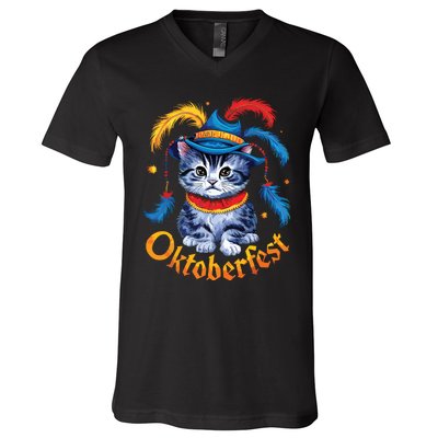 Funny Oktoberfest Cat Kitten Germany V-Neck T-Shirt