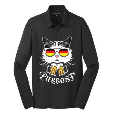 Funny Oktoberfest Cat Kitty Bavarian Drinking Beer Purrost Silk Touch Performance Long Sleeve Polo