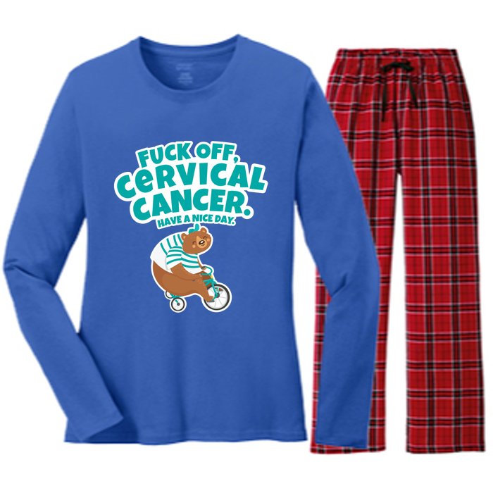 Fuck Off Cervical Cancer Bear Gift Women's Long Sleeve Flannel Pajama Set 