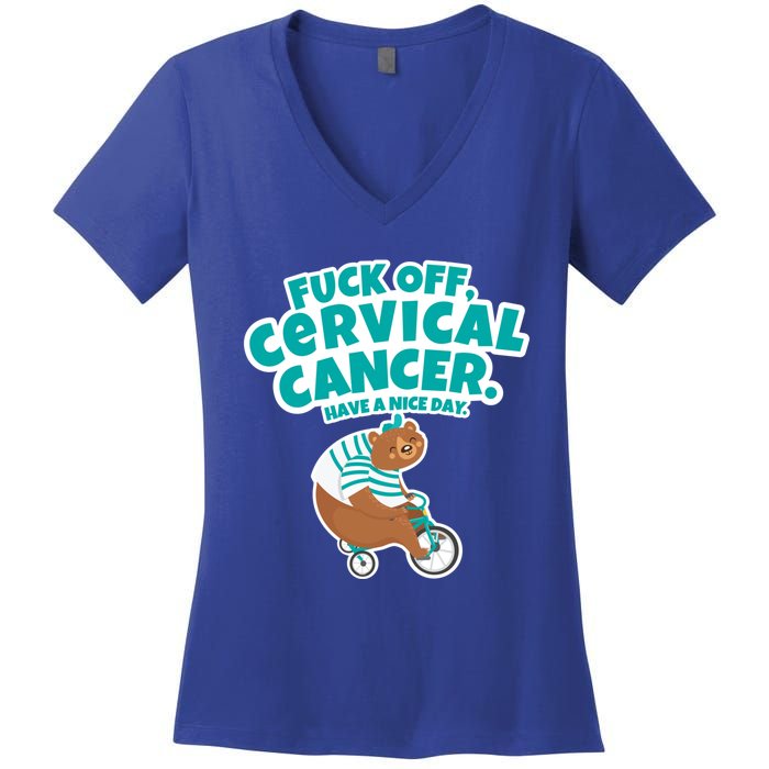 Fuck Off Cervical Cancer Bear Gift Women's V-Neck T-Shirt