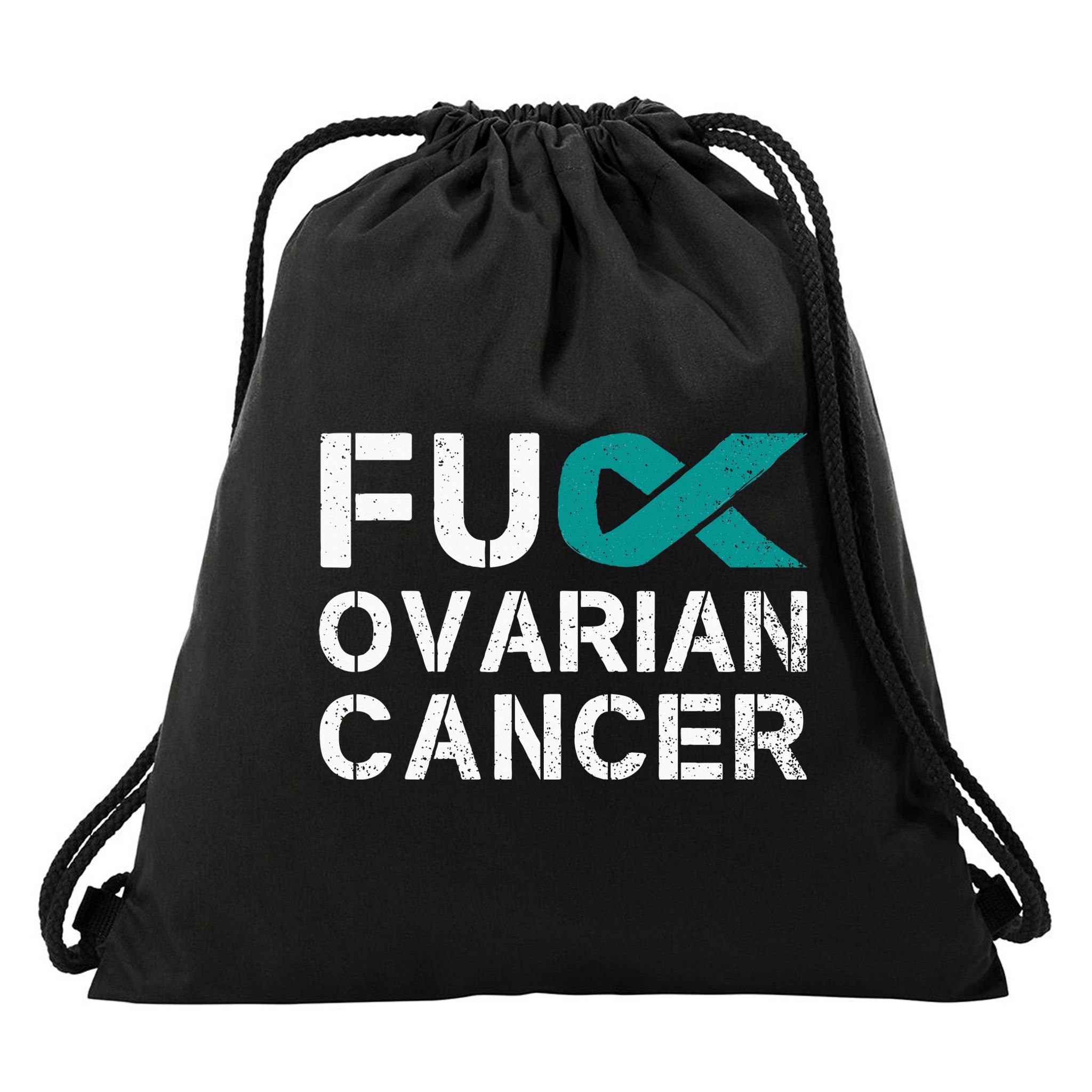 Fuck Ovarian Cancer Awareness Teal Ribbon Warrior Survivor Drawstring Bag