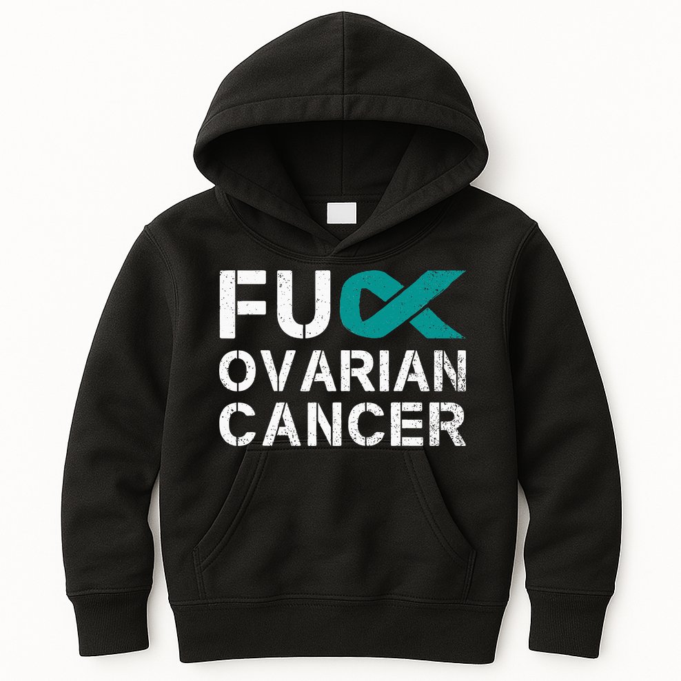 Fuck Ovarian Cancer Awareness Teal Ribbon Warrior Survivor Kids Hoodie