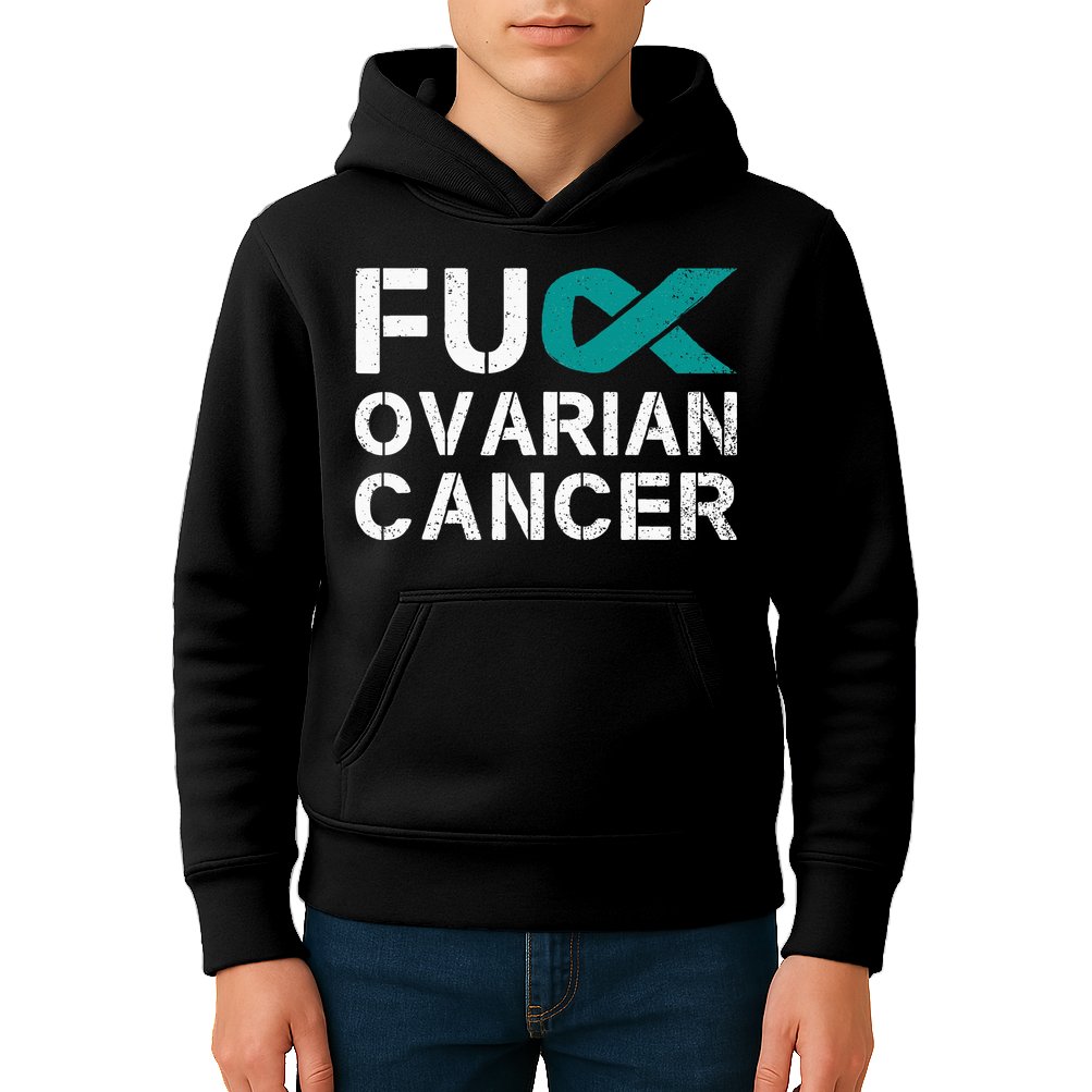 Fuck Ovarian Cancer Awareness Teal Ribbon Warrior Survivor Kids Hoodie
