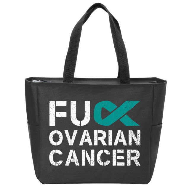 Fuck Ovarian Cancer Awareness Teal Ribbon Warrior Survivor Zip Tote Bag