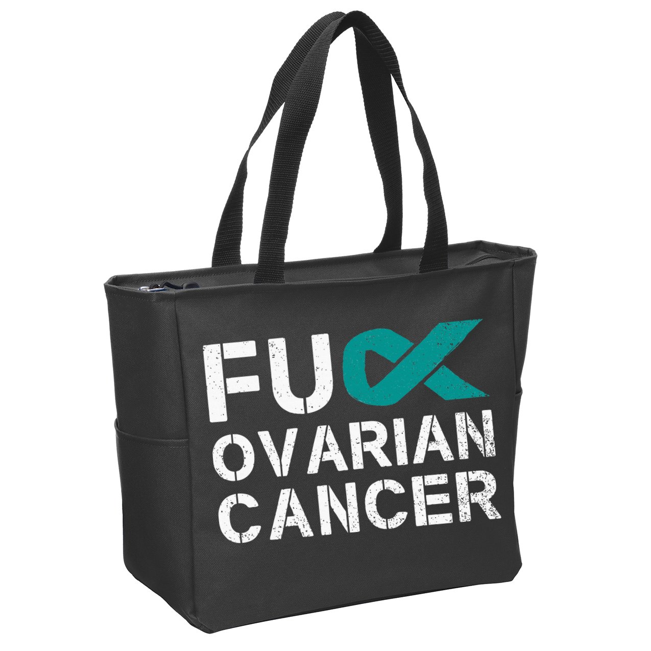 Fuck Ovarian Cancer Awareness Teal Ribbon Warrior Survivor Zip Tote Bag