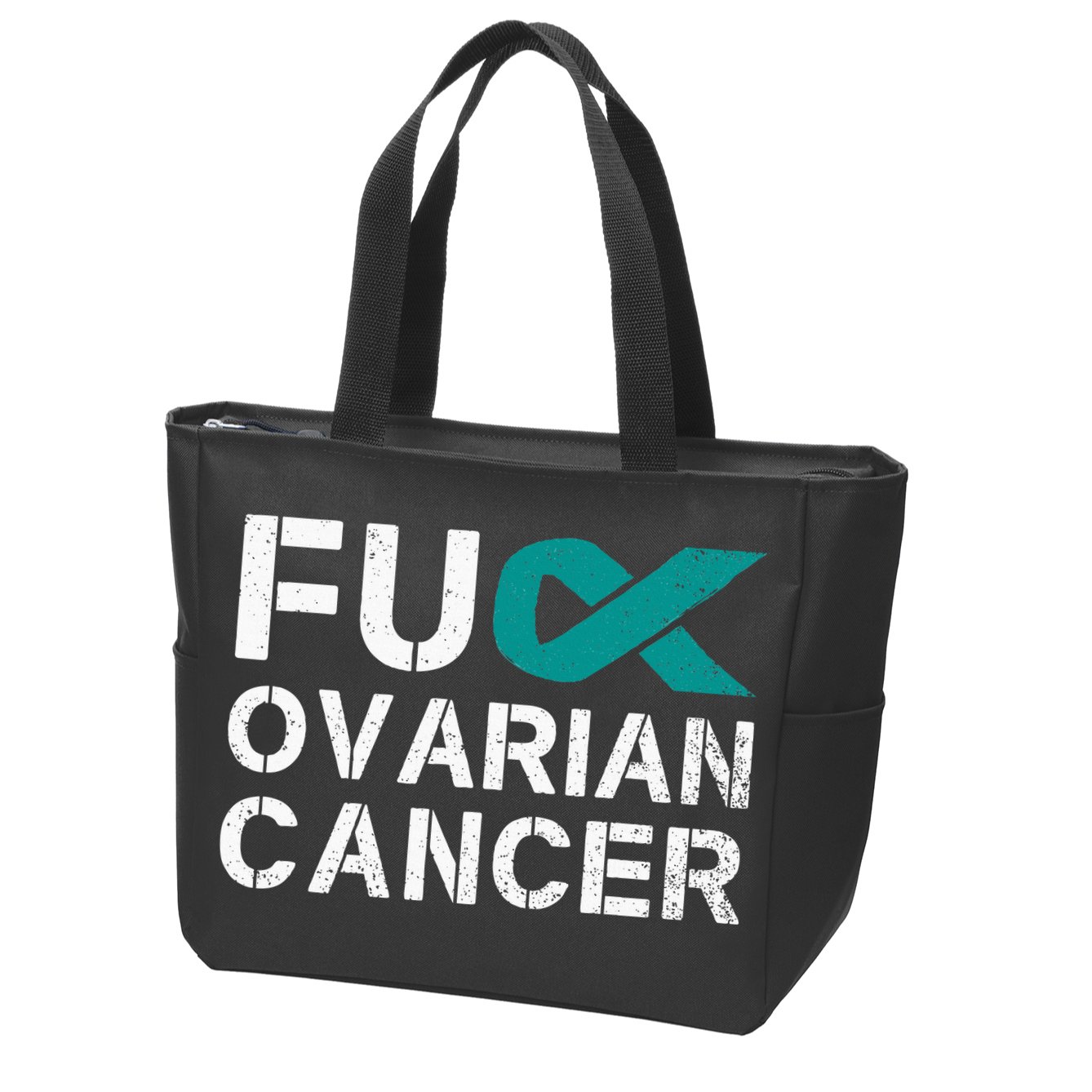 Fuck Ovarian Cancer Awareness Teal Ribbon Warrior Survivor Zip Tote Bag