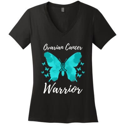 Funny Ovarian Cancer Warrior Ovarian Cancer Awareness Women's V-Neck T-Shirt