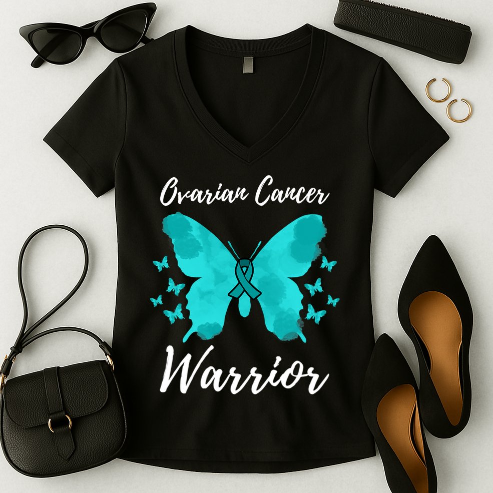 Funny Ovarian Cancer Warrior Ovarian Cancer Awareness Women's V-Neck T-Shirt