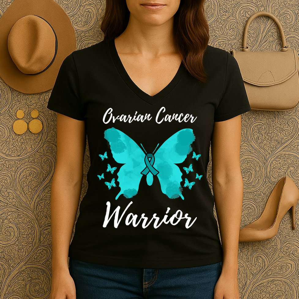 Funny Ovarian Cancer Warrior Ovarian Cancer Awareness Women's V-Neck T-Shirt